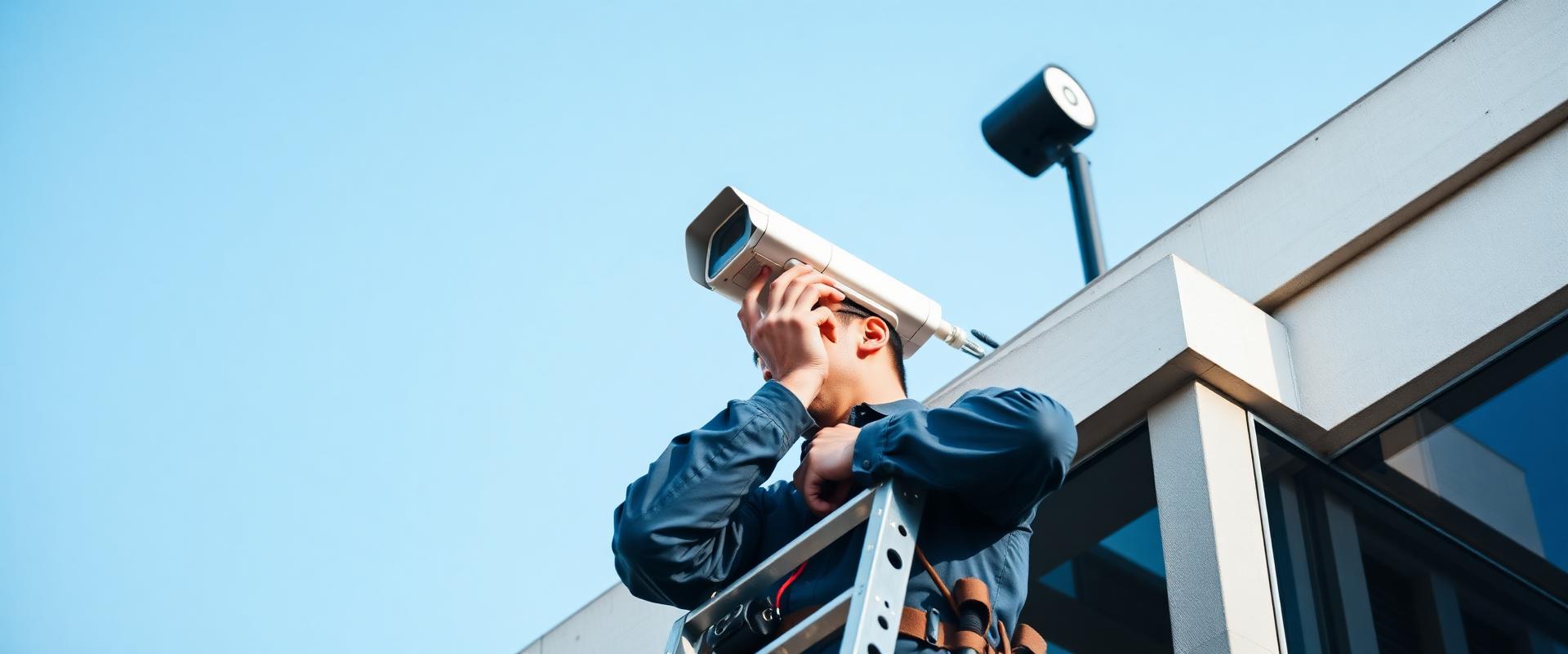 DB Traders technician installing a CCTV camera on a building